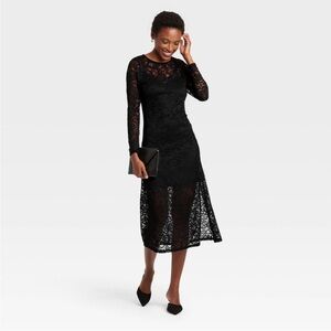 Long Sleeve Black Midi Lace Dress